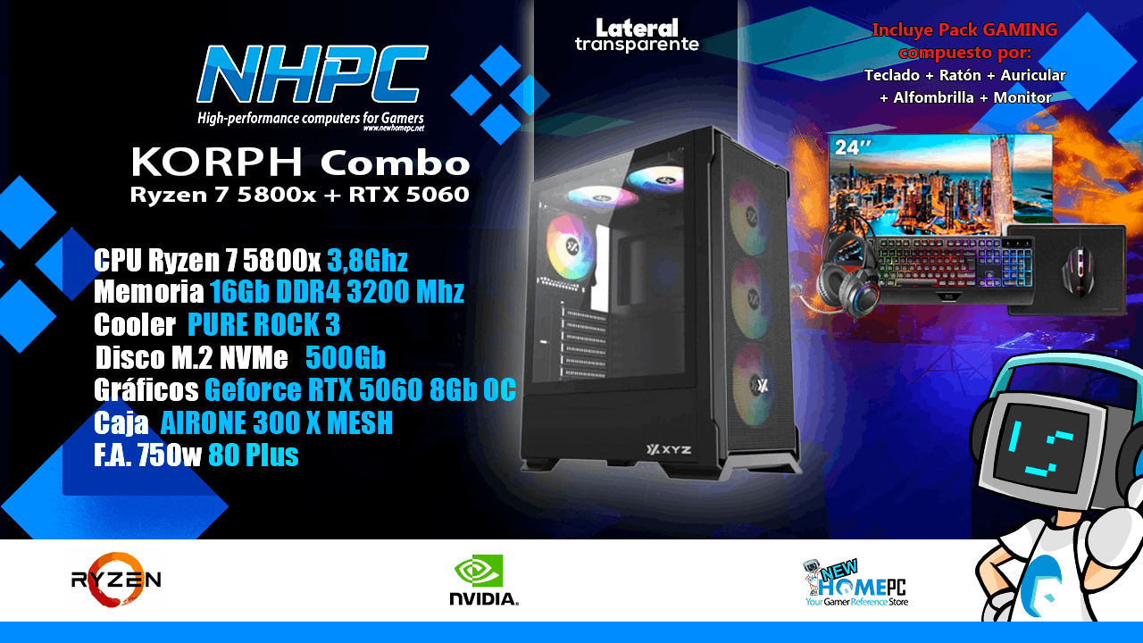 Combo Pc Gaming NHPC KORPH - Ryzen 7 5800X - RTX 5060 - 16Gb - 500Gb - Monitor - Periféricos